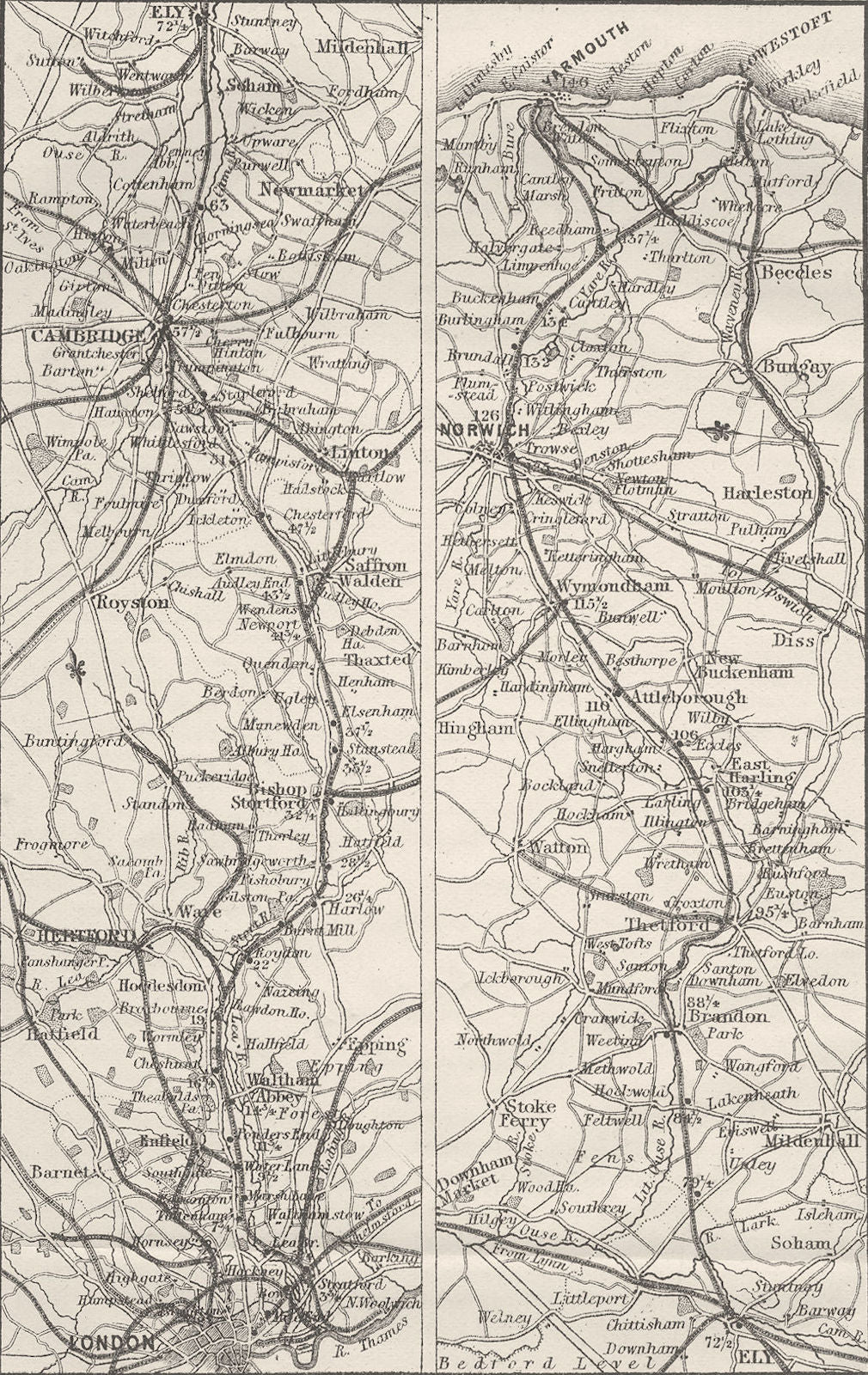 GT EASTERN RAIL. Cambridge, Ely, Norwich, Yarmouth 1874 old antique map chart